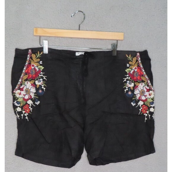 Johnny Was Mini Shorts Womens XL Black Beatriz Linen Boho Floral Embroidered - Picture 1 of 11